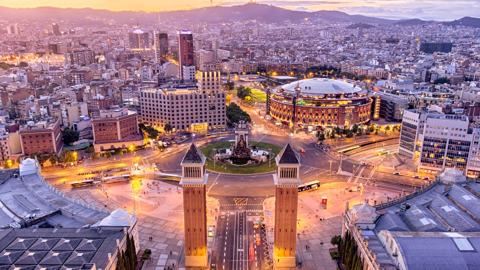 Aerial View of plaza españa at sunset in Barcelona, Spain